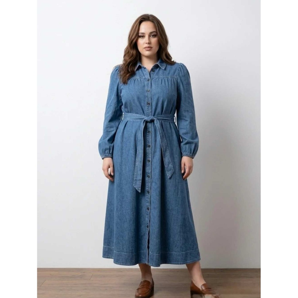 Boden Denim Dress Midi Maxi Shirt Dress Blue Button Front Belted Womens 14